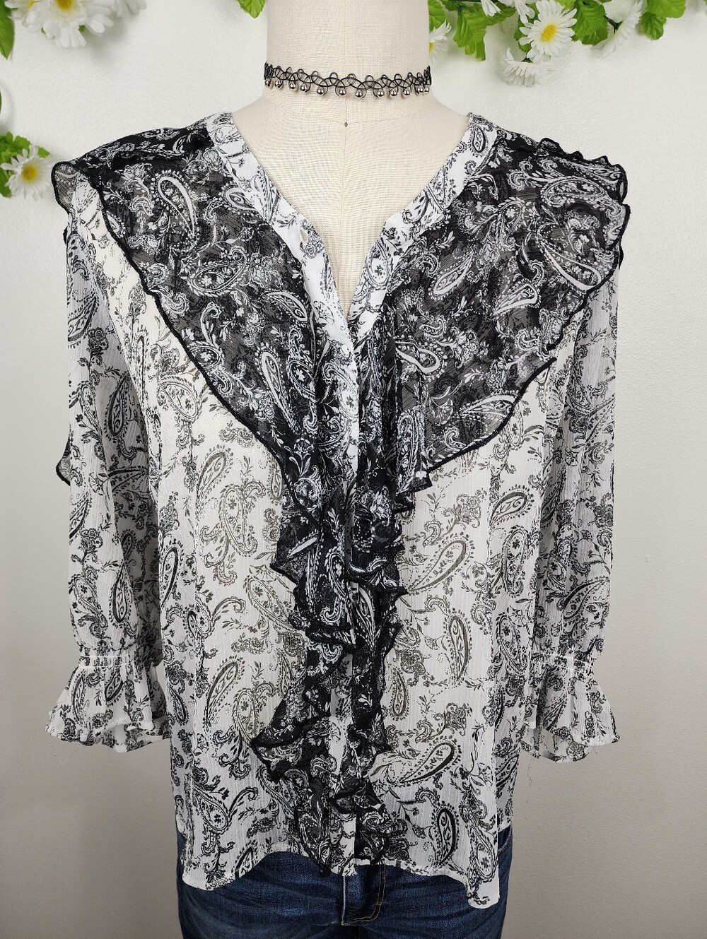 Cato Black & White Paisley Top Ruffle V-Neck Sz 18W  20W